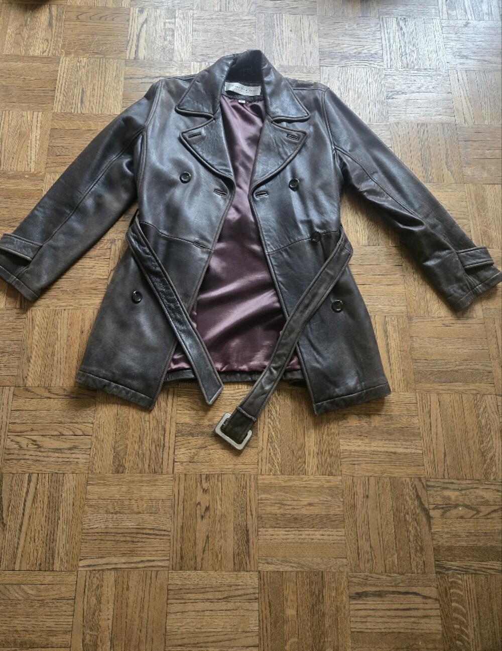 Marc New York Leather Trench, Buckle, Pea Coat Style Sz S BROWN